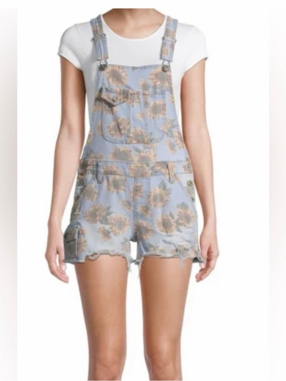 No Boundaries Light Blue Sunflower Denim Short Overalls